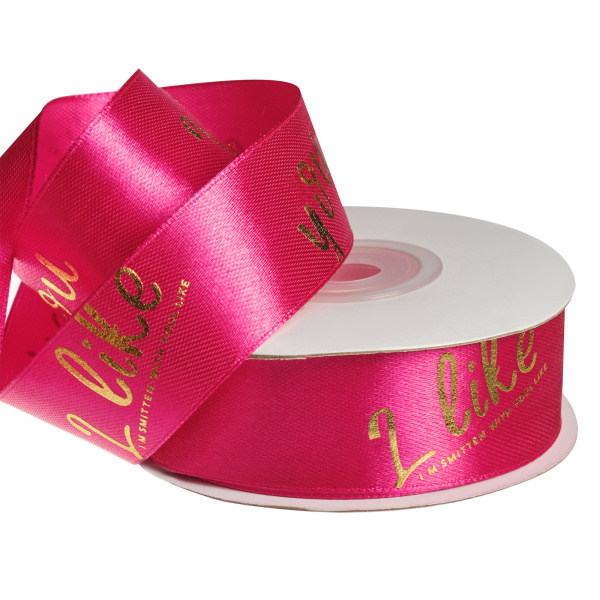 Лента атласная с принтом "I like you", 25mmх25yards, цв. розовый
