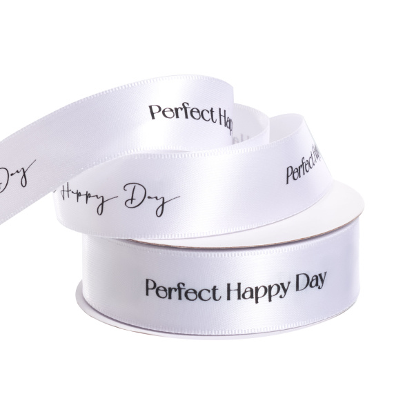 Лента атласная, двухсторонняя "Happy Day"  25mmx20yards, цв. белый