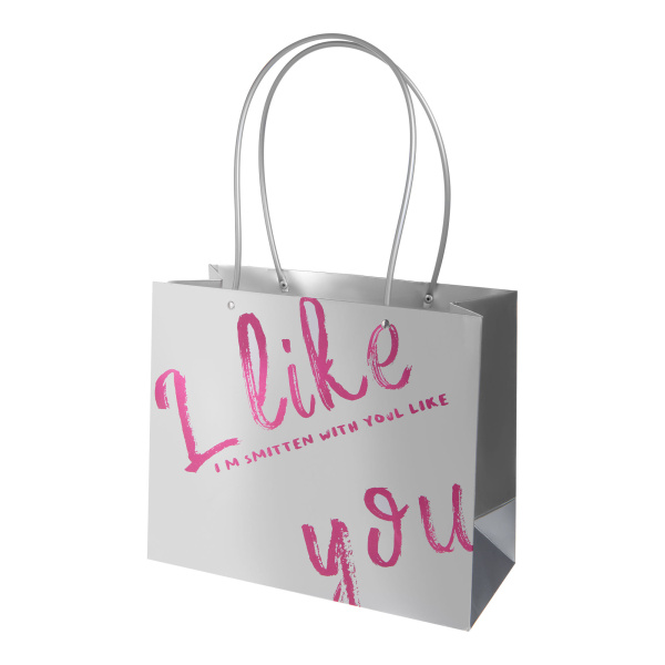 Сумка с пластиковыми ручками "I Like you" 30x13x25cm 10шт/уп, цв. серебро